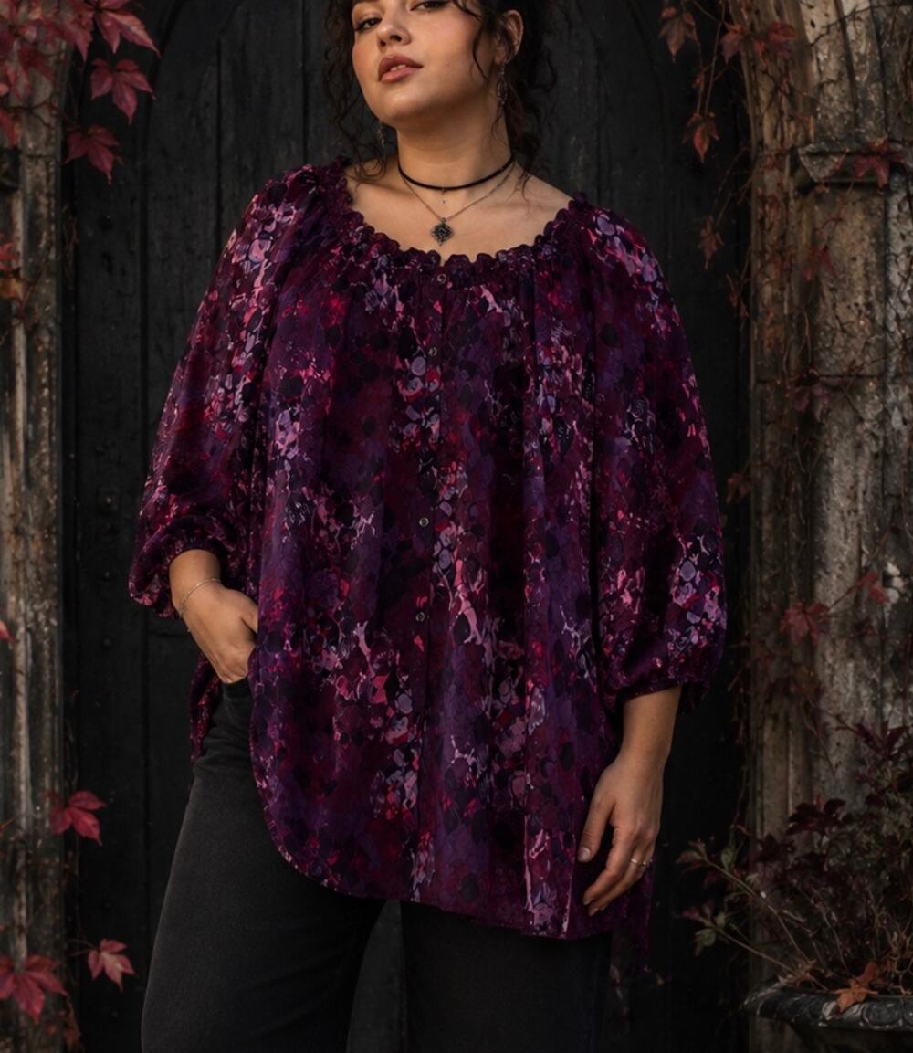 Catherines Maggie Barnes Purple Abstract Peasant Blouse Tunic whimsigoth fall 4X